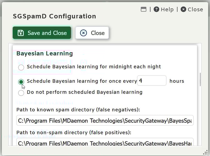 Bayesian classification schedule settings in SecurityGateway for Email - Artificial intelligence to train the spam filter by feeding it samples of spam and non-spam messages
