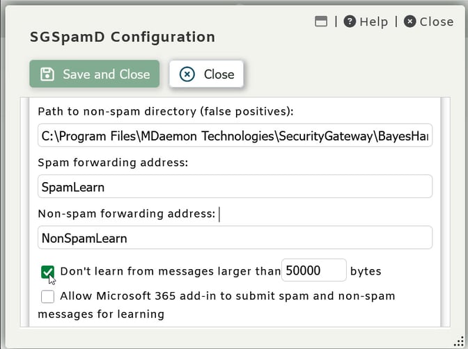Bayesian learning size limit setting in SecurityGateway for Email - Secure email gateway and email security for Microsoft 365