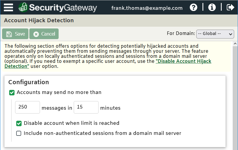 Account Hijack Detection in SecurityGateway for Email. Protection against account takeover attempts. 