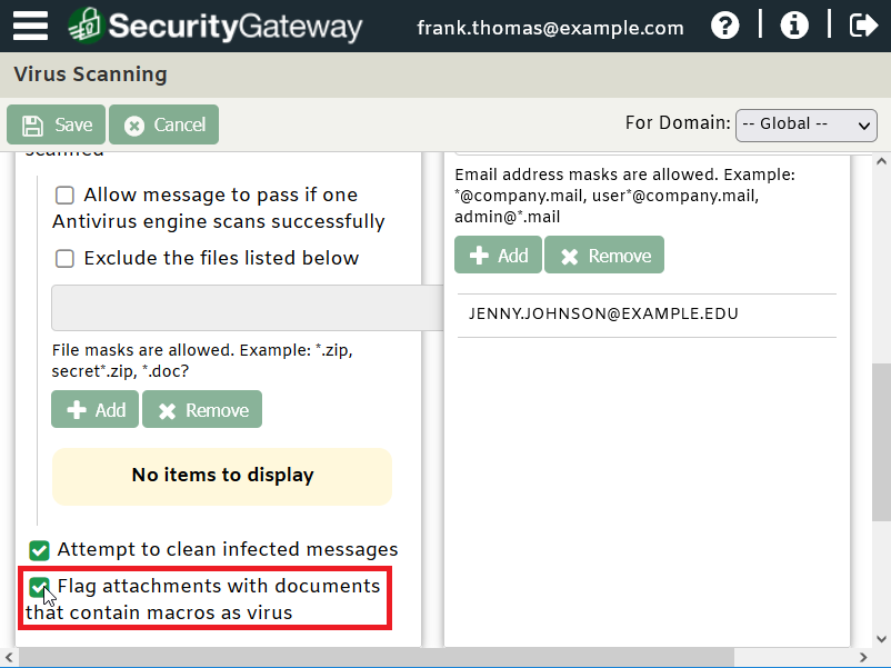 Flag email attachments containing macros as virus in SecurityGateway for Email