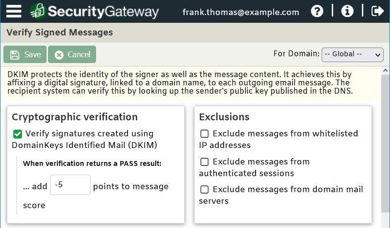 DKIM Verification Settings in SecurityGateway for Email