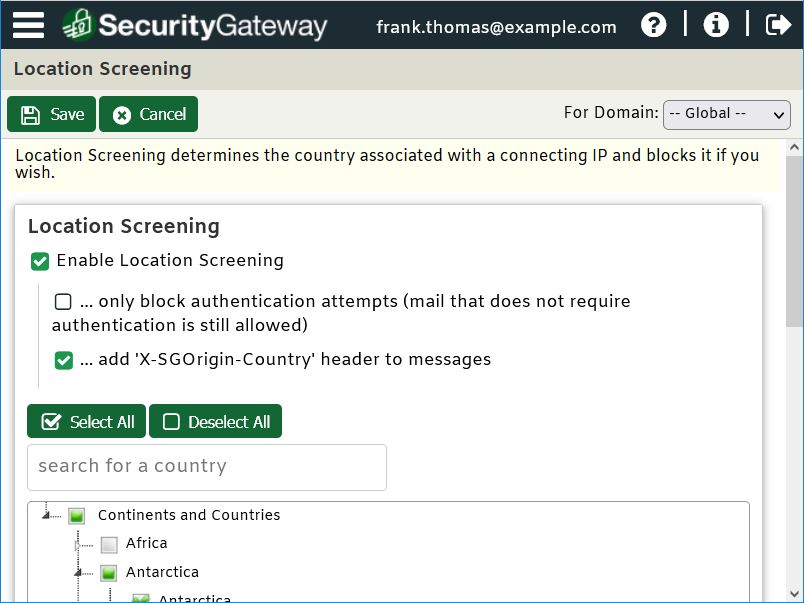 Location Screening to block email connections by country in SecurityGateway for Email