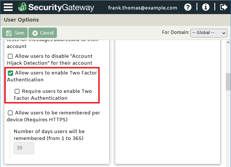 Two-factor authentication settings in SecurityGateway for Email