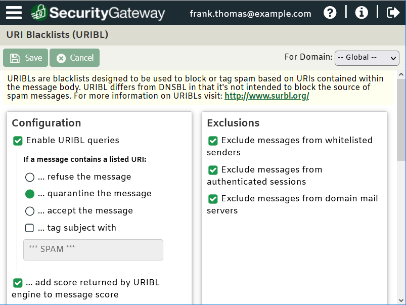 URIBL Settings in SecurityGateway for Email