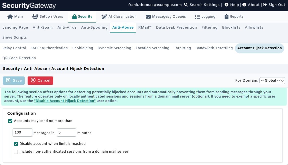 Account Hijack Detection in SecurityGateway for Email by MDaemon Technlologies
