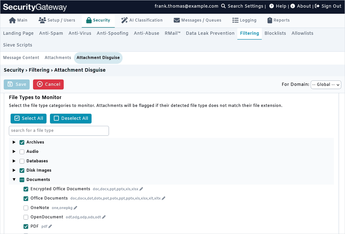 Attachment disguise protection in SecurityGateway for Email