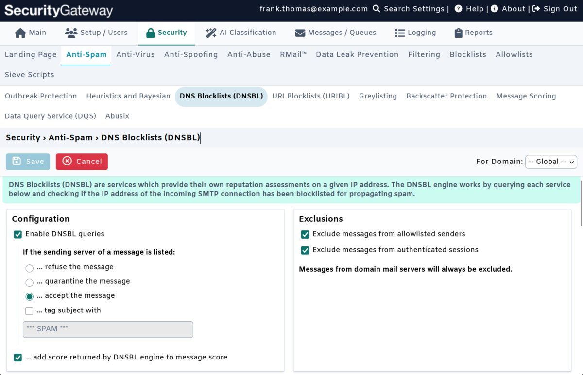 DNS Blocklists in SecurityGateway for Email by MDaemon Technologies
