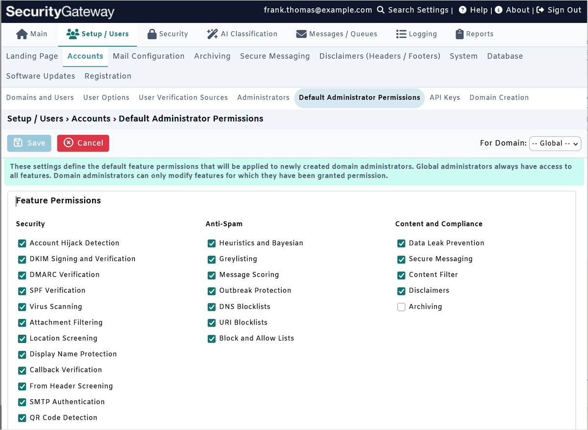 SecurityGateway for Email domain administrator permissions