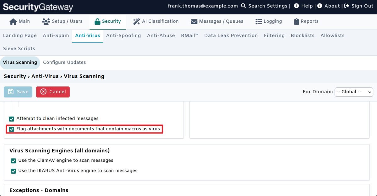 Macro detection in SecurityGateway for Email by MDaemon Technologies