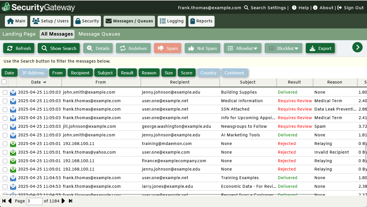 SecurityGateway for Email - Message Log