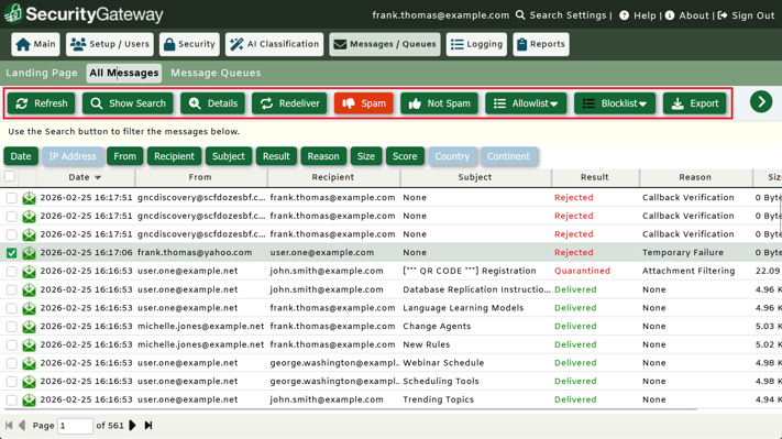 SecurityGateway message list showing actions one can take on a message, such as redeliver, spam, not spam, add to the allow list, and more