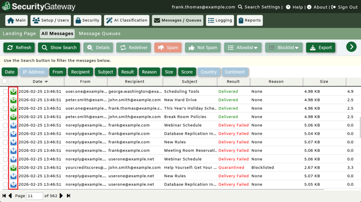 SecurityGateway Message List showing inbound and outbound emails