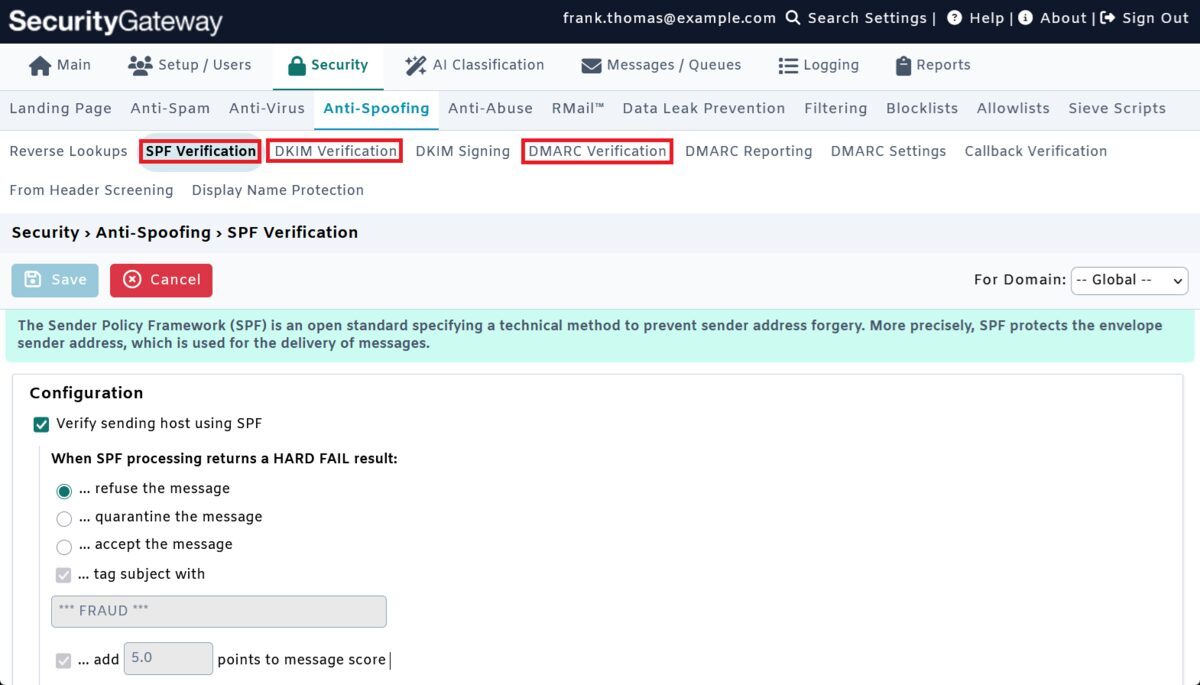 SPF, DKIM & DMARC verification in SecurityGateway for Email by MDaemon Technologies