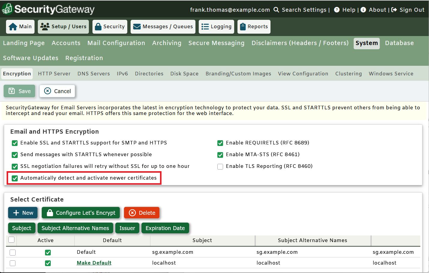 SSL and TLS settings in SecurityGateway for Email by MDaemon Technologies