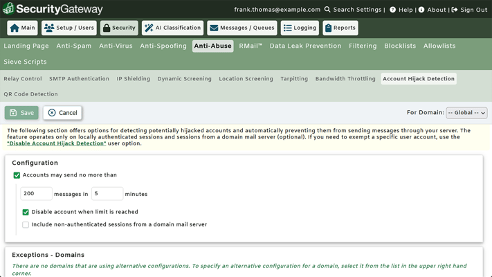 Account hijack detection in SecurityGateway for Email by MDaemon Technologies