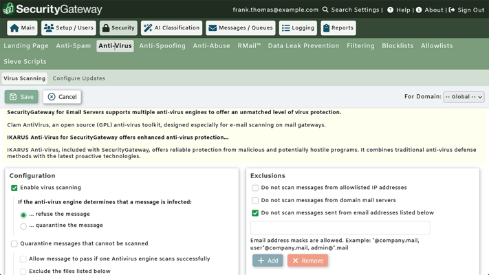 Virus scanning in SecurityGateway for Email using  Ikarus and ClamAV