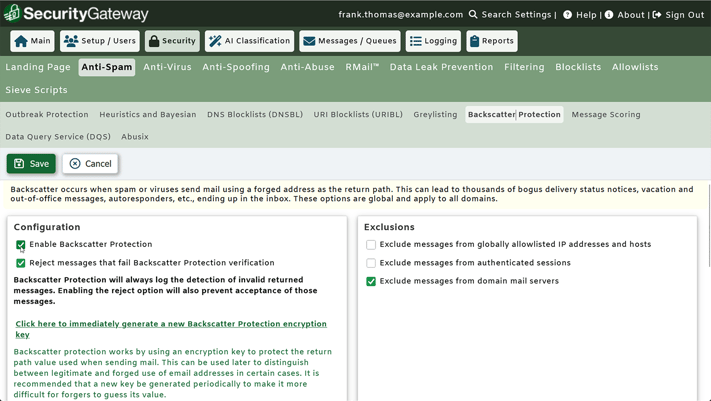 Backscatter protection in SecurityGateway for Email