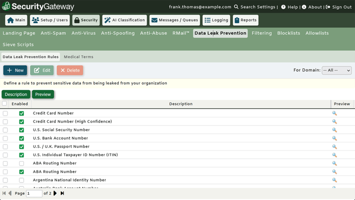 Data leak prevention (DLP) in SecurityGateway for Email