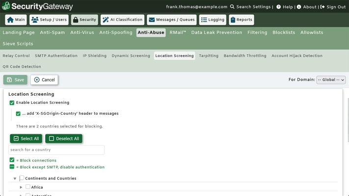 Location Screening in SecurityGateway for Email