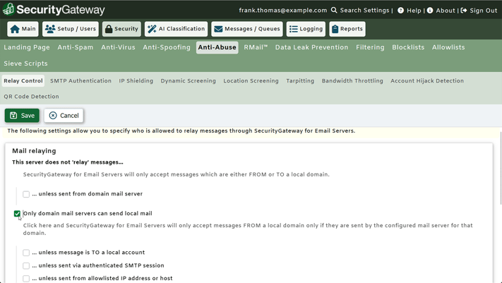 SecurityGatewy for Email - Relay Settings -  Spam Filter for Microsoft 365, Microsoft Exchange & other email platforms