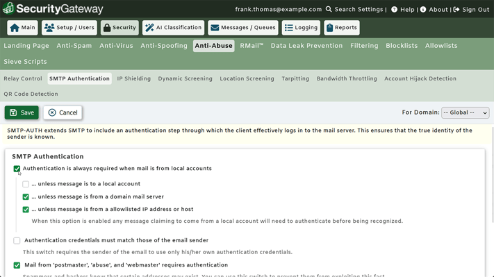 SecurityGatewy SMTP Authentication settings