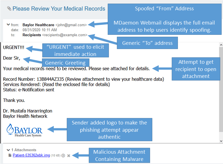 Healthcare Spoofing Email Example