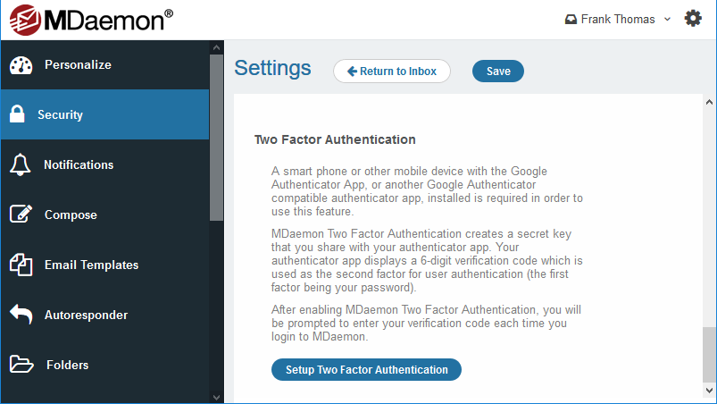 Two-factor authentication in MDaemon Webmail