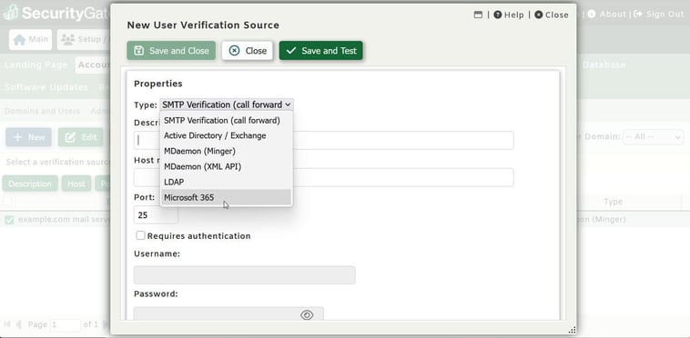 SecurityGateway for Email user verification source types including Microsoft 365, Active Directory, MDaemon, and LDAP