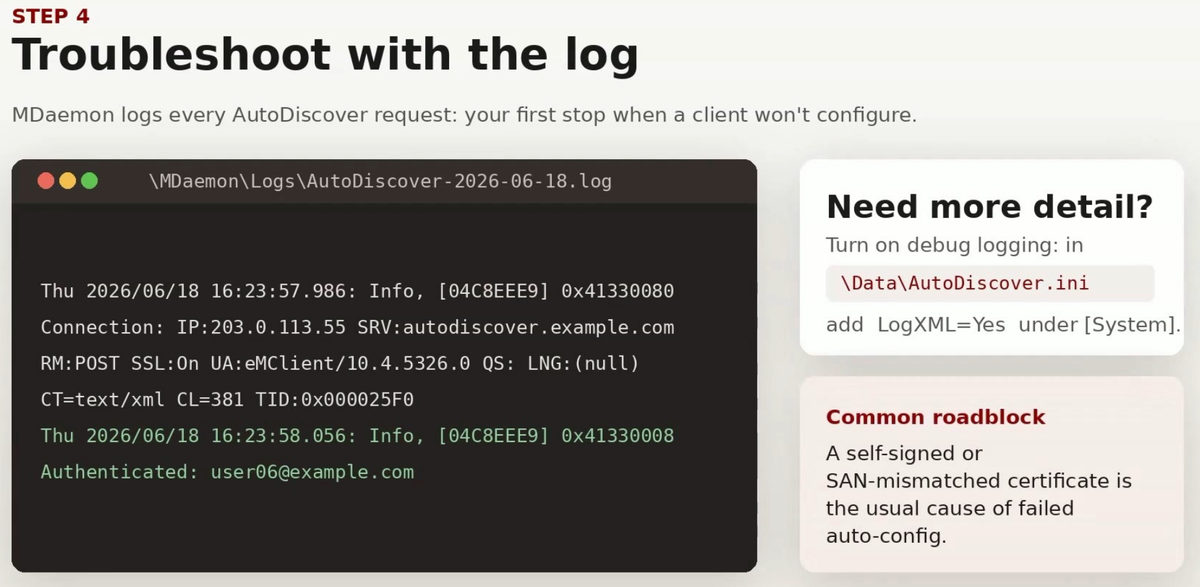 MDaemon AutoDiscover log excerpt showing a successful authenticated request