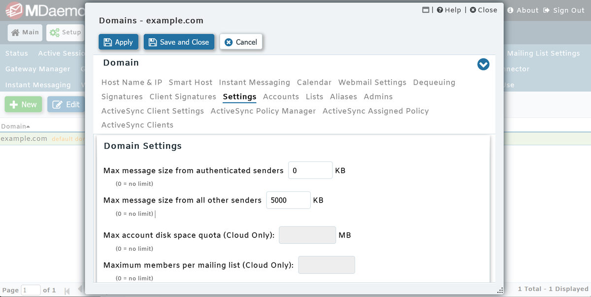 Per-domain quota and message size settings in MDaemon Email Server