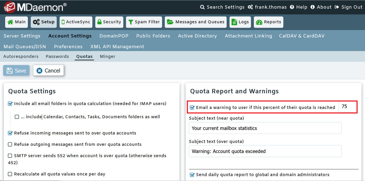 Mailbox quota notification settings in MDaemon Email Server