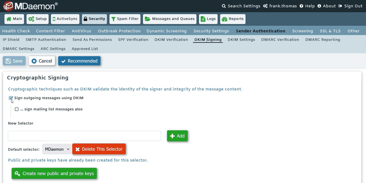 MDaemon admin interface showing the DKIM Signing configuration page under Security, Sender Authentication, with Sign outgoing messages using DKIM enabled and the default MDaemon selector