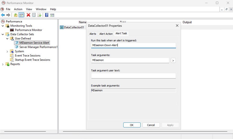 Performance Monitor DataCollector01 Properties dialog, Alert Task tab pointing at the MDaemon-Down-Alert scheduled task