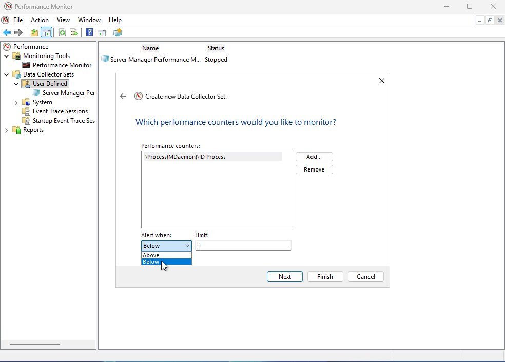 Performance Monitor Create new Data Collector Set wizard, Process MDaemon ID Process counter selected with Alert when Below 1