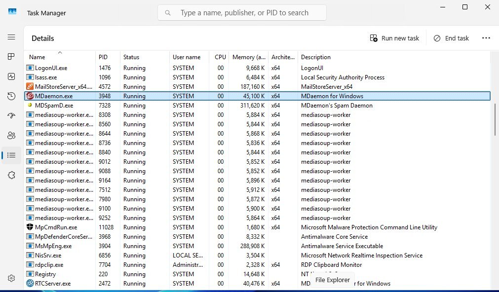 Windows Task Manager Details tab showing the MDaemon.exe process running
