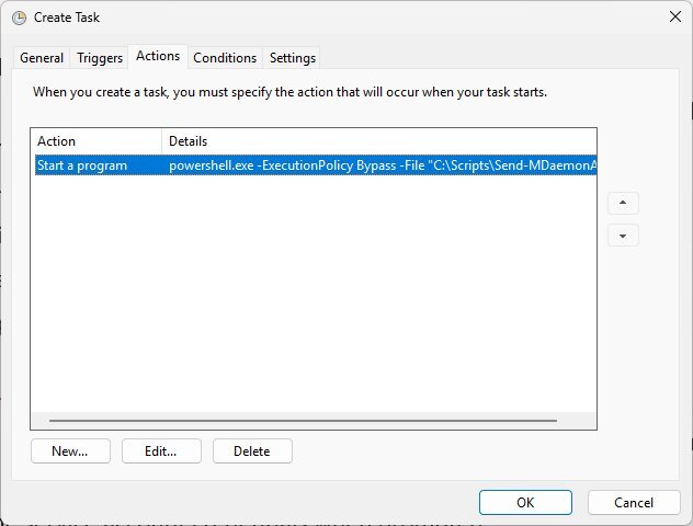 Windows Task Scheduler Create Task dialog Actions tab calling powershell.exe with the Send-MDaemonAlert.ps1 script